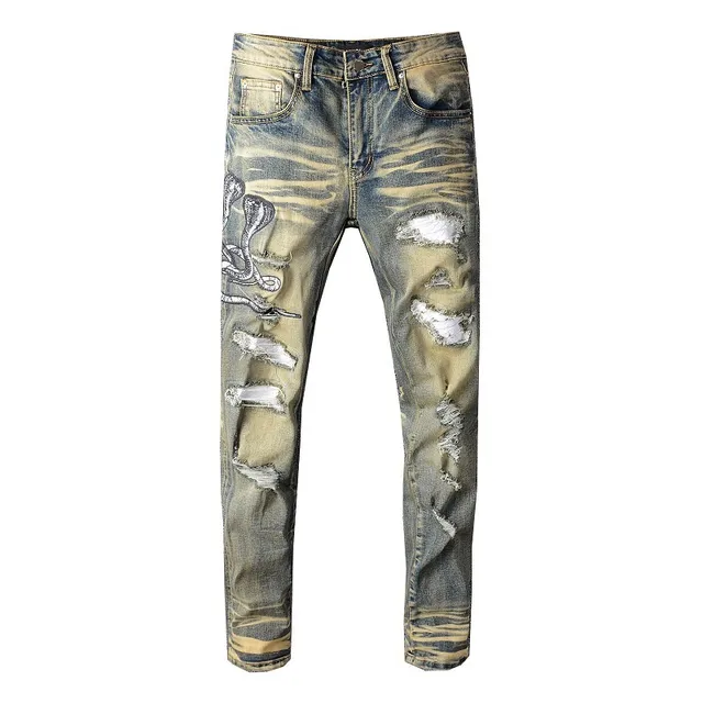 Distressed Acid-Wash Embroidered Snake Slim-Fit Jeans 18