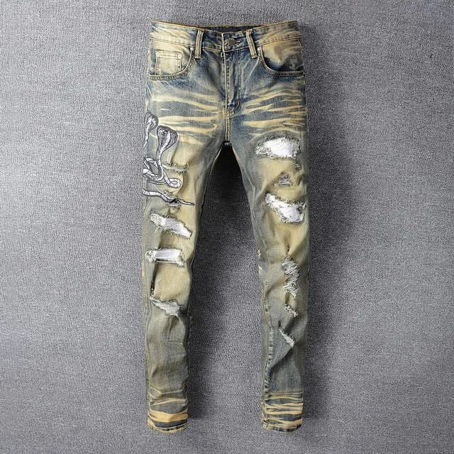 Distressed Acid-Wash Embroidered Snake Slim-Fit Jeans 19