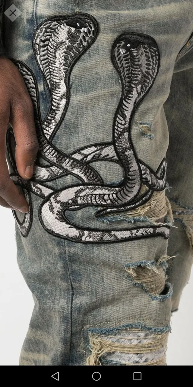 Distressed Acid-Wash Embroidered Snake Slim-Fit Jeans 20