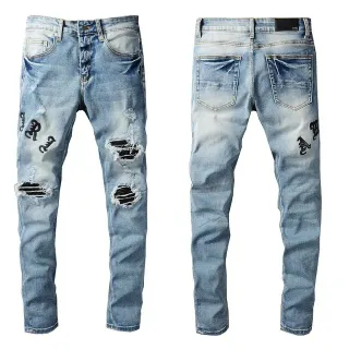 Distressed Light-Wash Blue Embroidered Slim-Fit Jeans