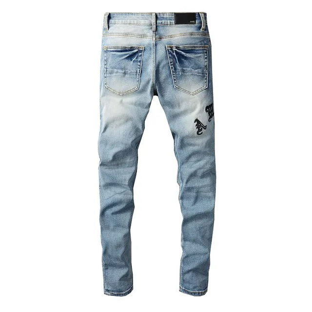 Distressed Light-Wash Blue Embroidered Slim-Fit Jeans 8