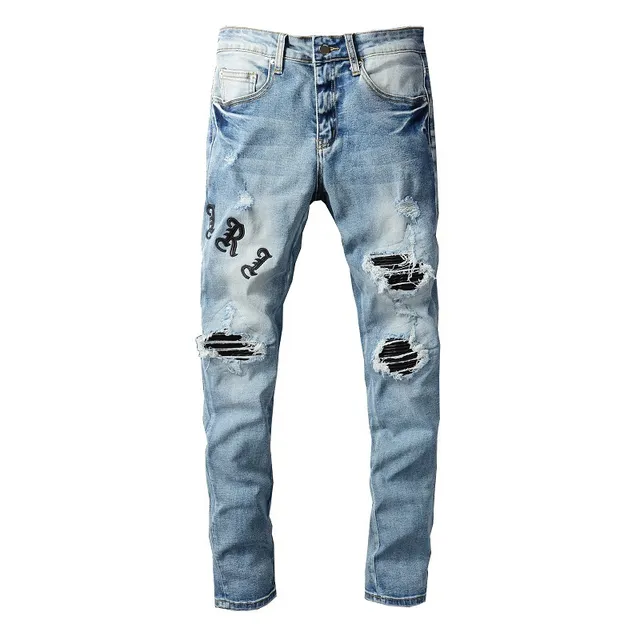 Distressed Light-Wash Blue Embroidered Slim-Fit Jeans 17