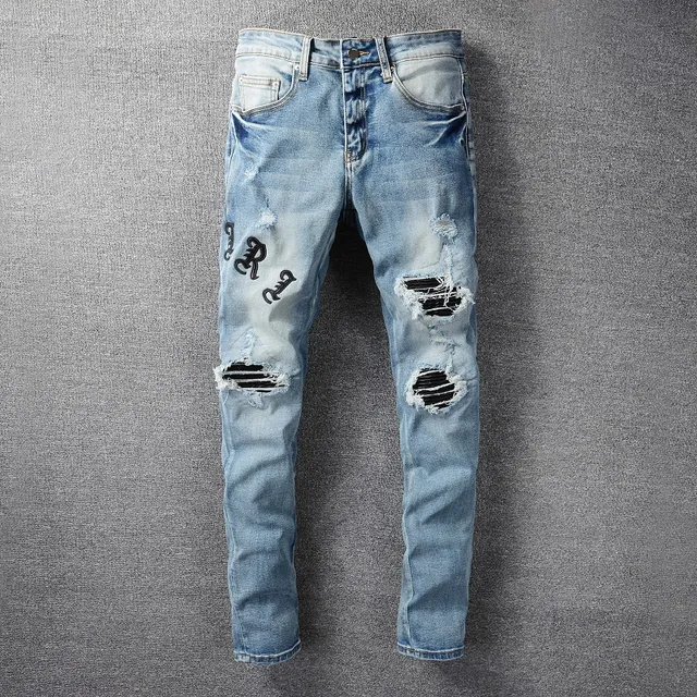 Distressed Light-Wash Blue Embroidered Slim-Fit Jeans 18