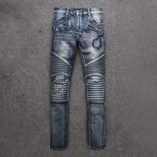 Distressed Moto-Panelled Blue Denim Jeans