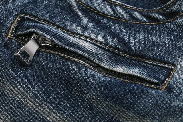 Distressed Moto-Panelled Blue Denim Jeans 2