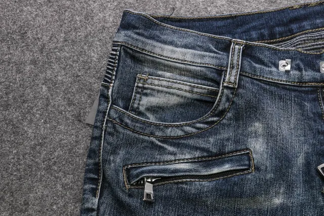 Distressed Moto-Panelled Blue Denim Jeans 4
