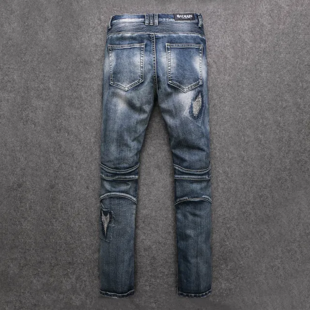 Distressed Moto-Panelled Blue Denim Jeans 6