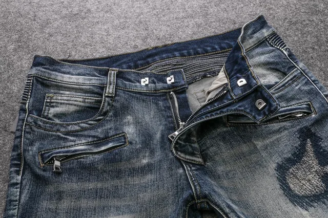Distressed Moto-Panelled Blue Denim Jeans 8