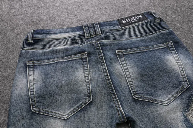 Distressed Moto-Panelled Blue Denim Jeans 9