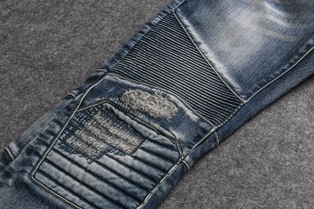 Distressed Moto-Panelled Blue Denim Jeans 14