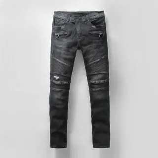 Distressed Moto-Panelled Slim-Fit Black Jeans