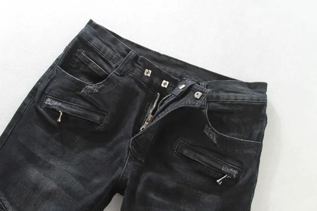 Distressed Moto-Panelled Slim-Fit Black Jeans 8