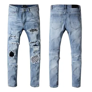 Distressed Ripped Patched Light-Wash Blue Jeans