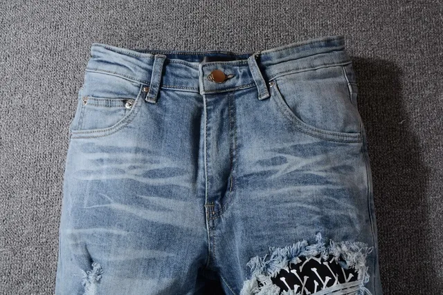 Distressed Ripped Patched Light-Wash Blue Jeans 2