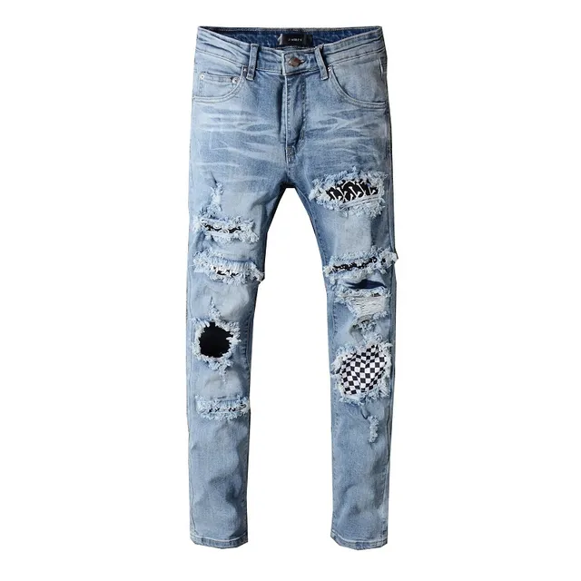 Distressed Ripped Patched Light-Wash Blue Jeans 3