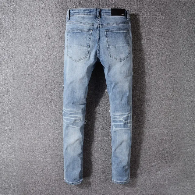 Distressed Ripped Patched Light-Wash Blue Jeans 10