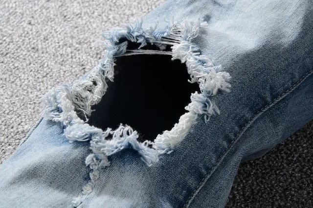Distressed Ripped Patched Light-Wash Blue Jeans 13