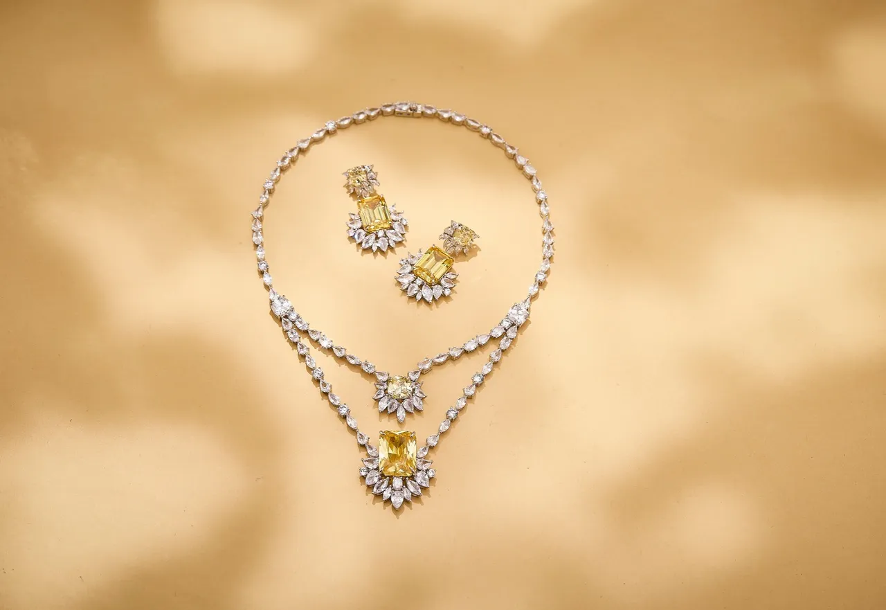 Double-Pendant Yellow and Clear Stone Multi-Strand Necklace 6