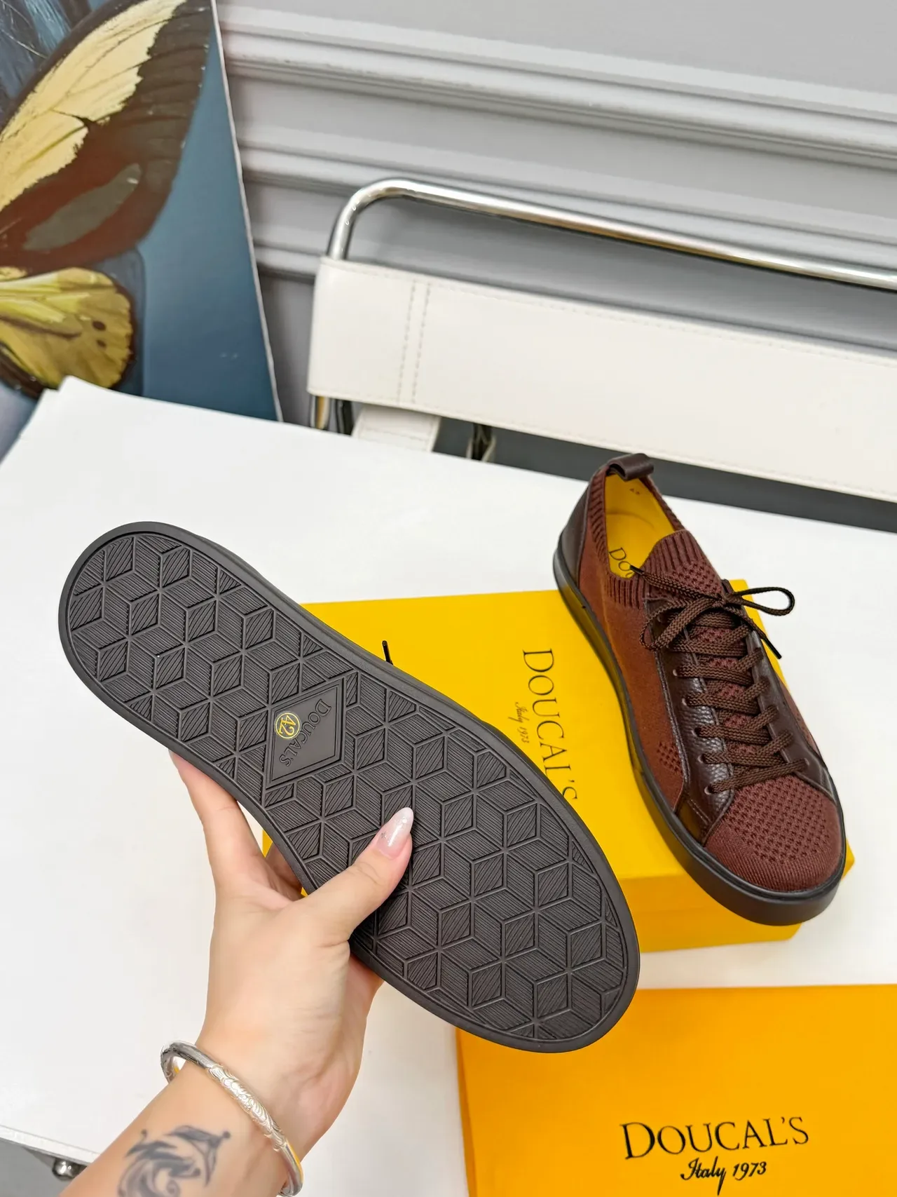 DOUCAL'S Brown Knit and Leather Low-Top Lace-Up Sneakers 2