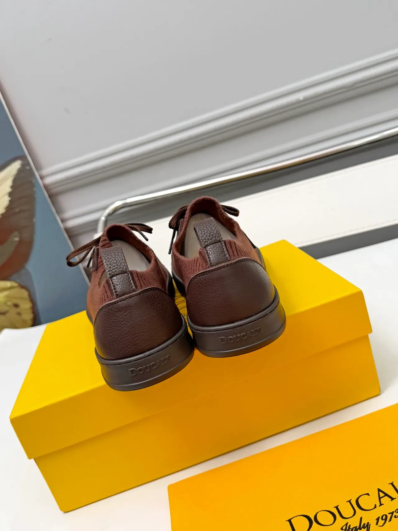DOUCAL'S Brown Knit and Leather Low-Top Lace-Up Sneakers 3