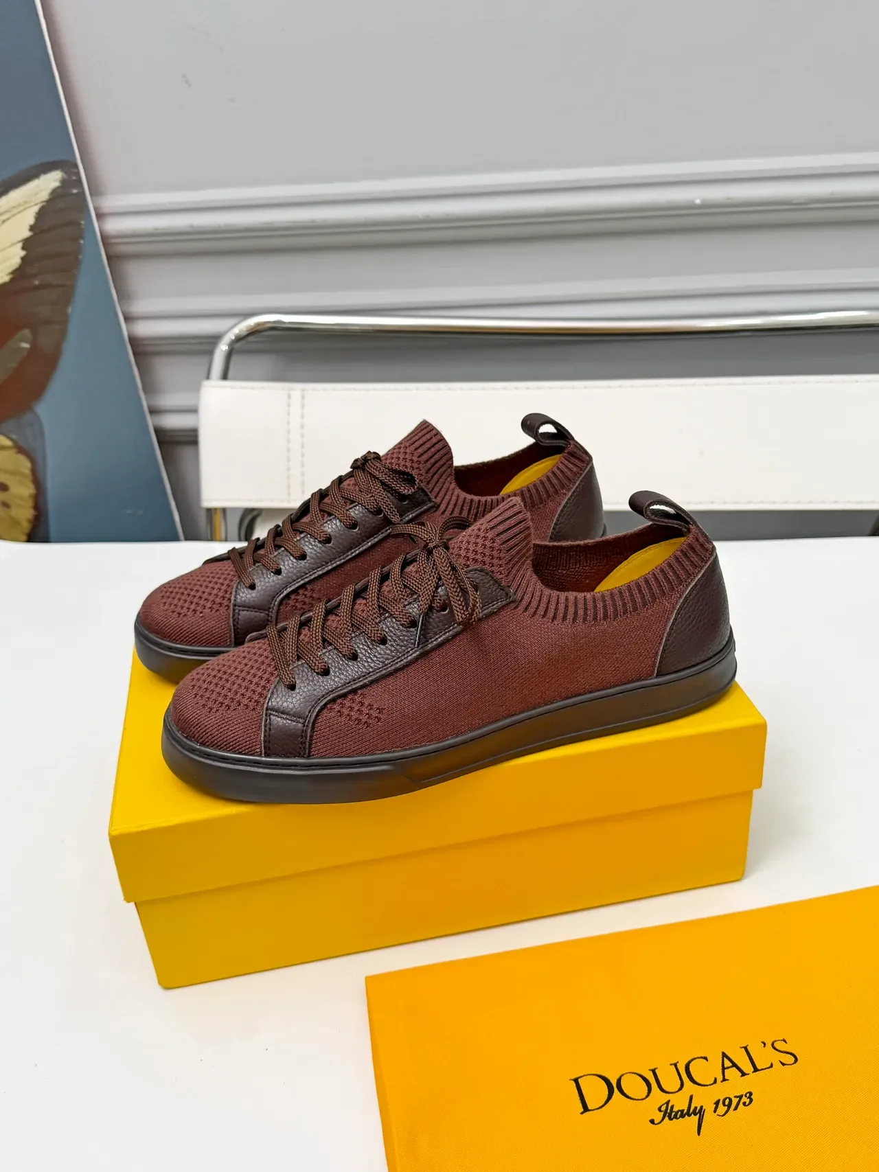 DOUCAL'S Brown Knit and Leather Low-Top Lace-Up Sneakers 4