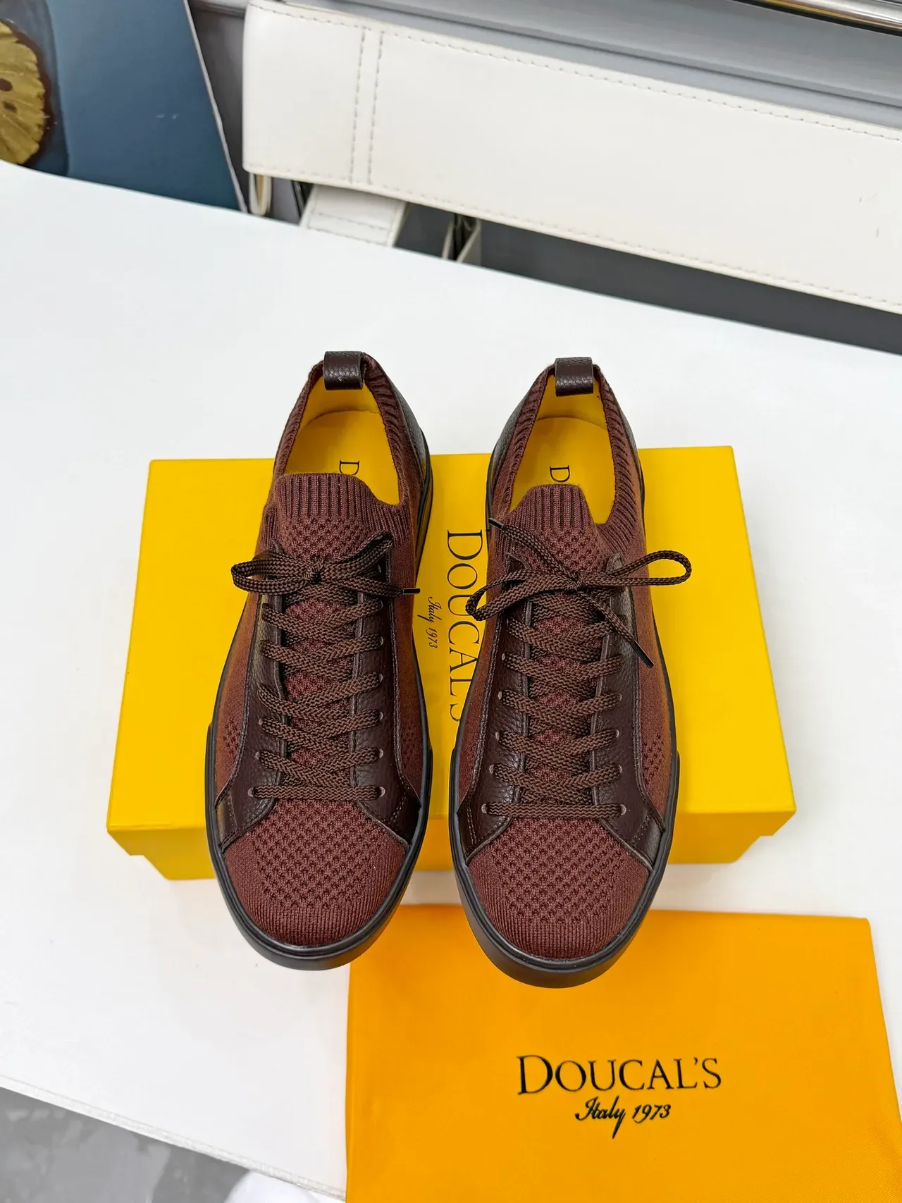 DOUCAL'S Brown Knit and Leather Low-Top Lace-Up Sneakers 5