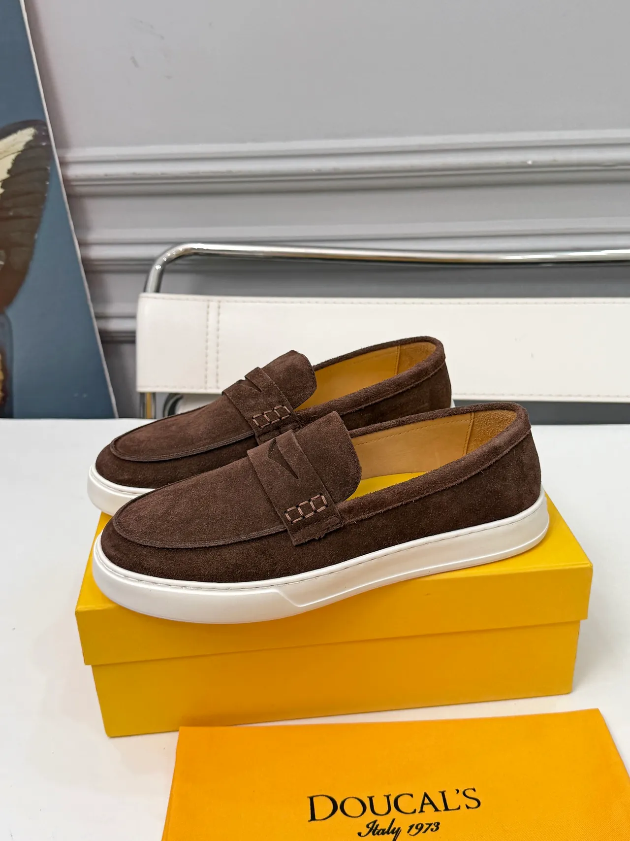 DOUCAL'S Brown White Suede Upper Penny Strap Loafer 4