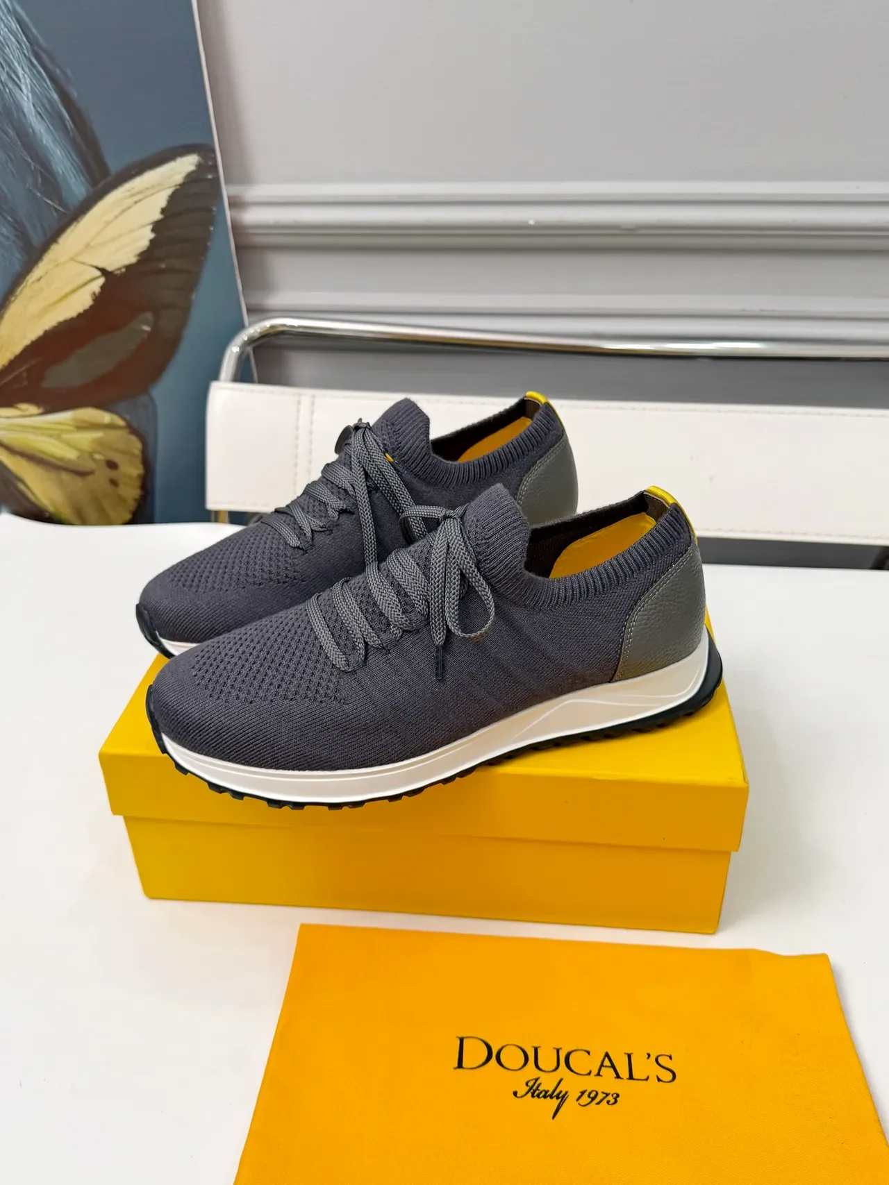 DOUCAL'S Gray White Knit Upper Leather Heel Counter Sneakers 4