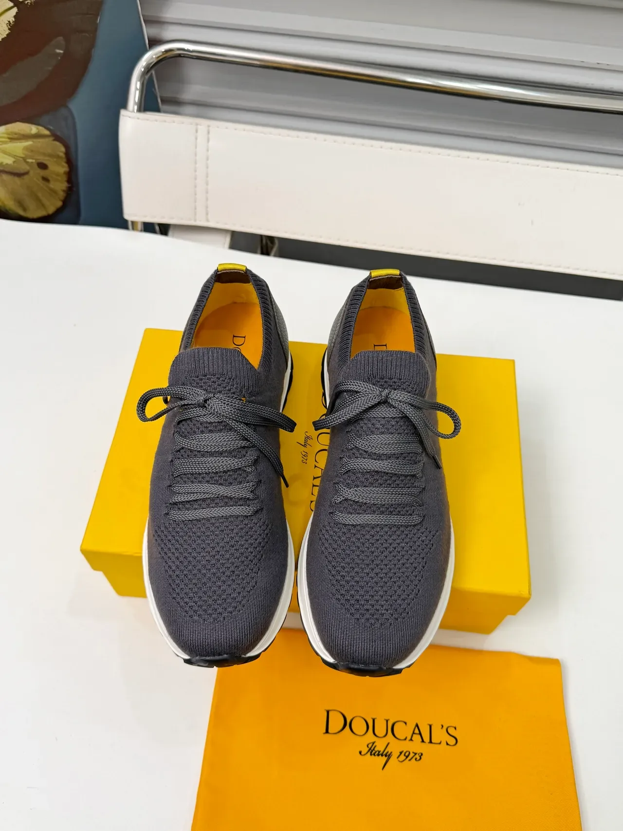 DOUCAL'S Gray White Knit Upper Leather Heel Counter Sneakers 5