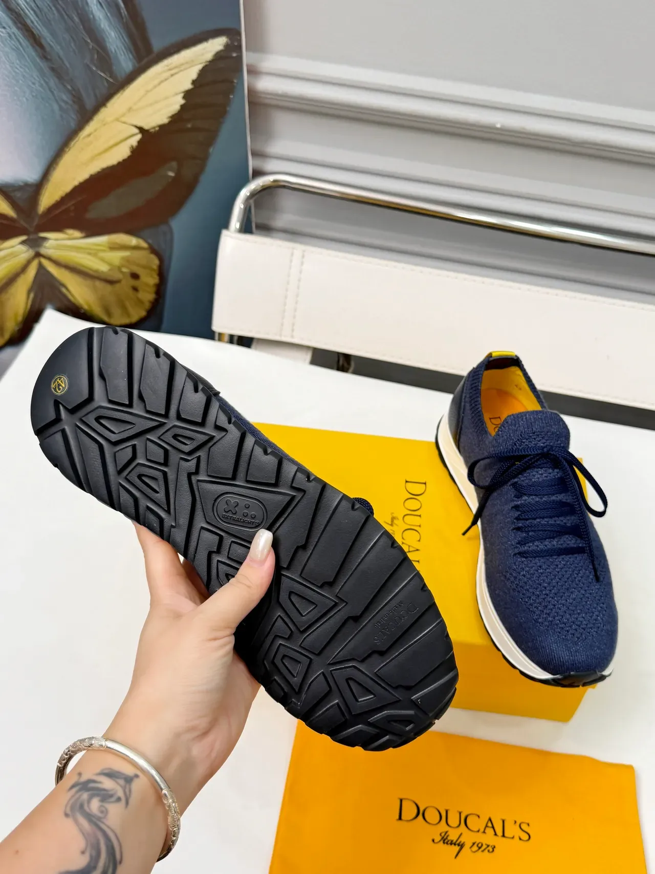 DOUCAL'S Navy Yellow Knit Upper Contrast White Midsole Sneakers 2
