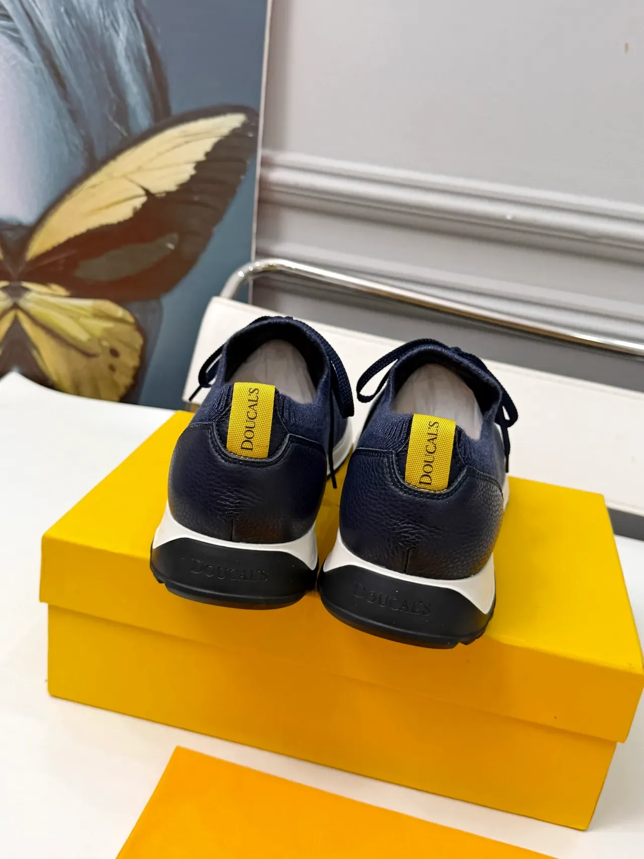 DOUCAL'S Navy Yellow Knit Upper Contrast White Midsole Sneakers 3