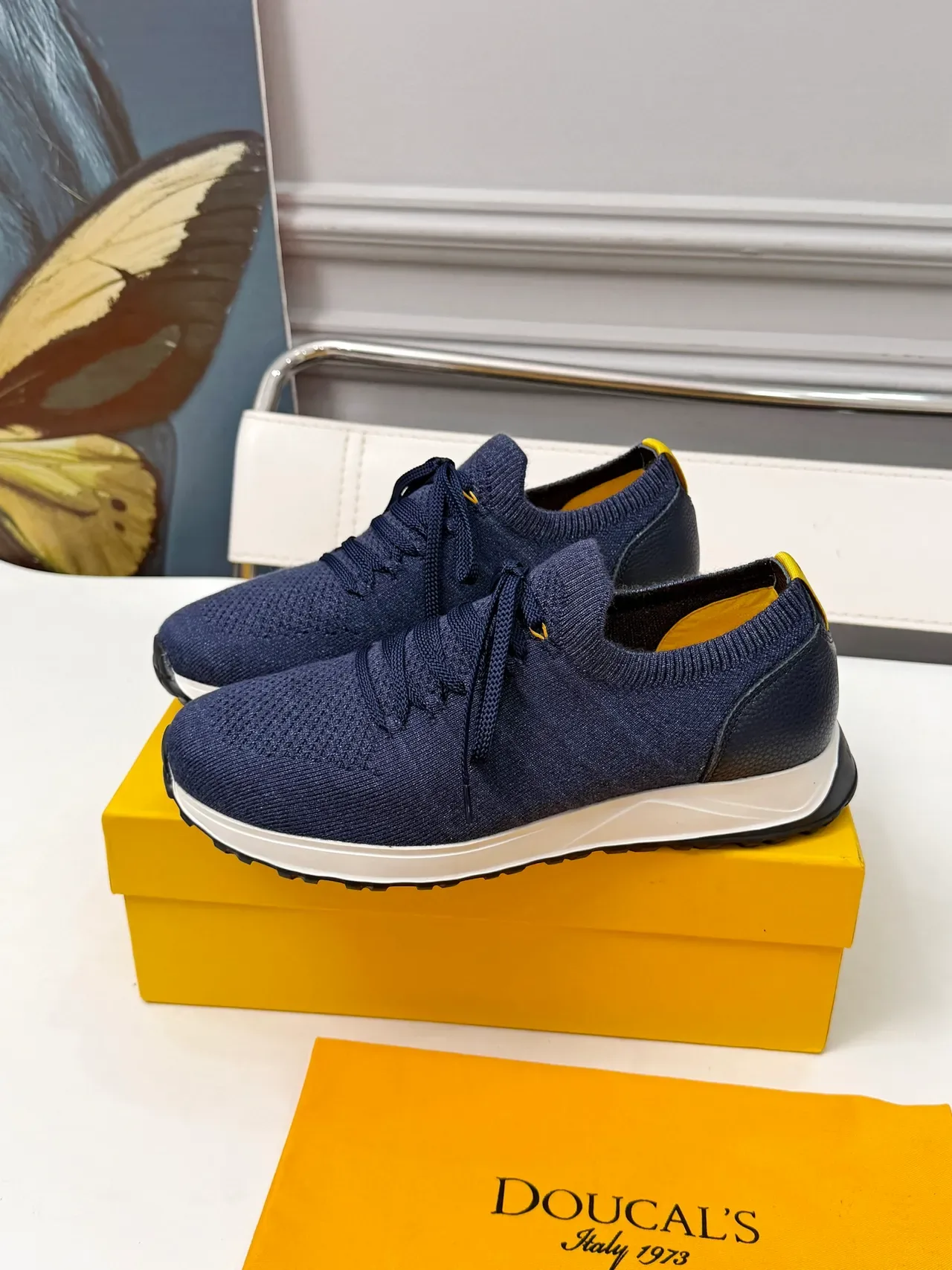 DOUCAL'S Navy Yellow Knit Upper Contrast White Midsole Sneakers 4