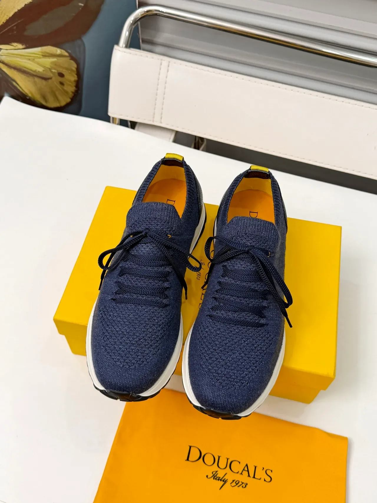 DOUCAL'S Navy Yellow Knit Upper Contrast White Midsole Sneakers 5