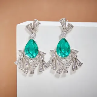 Emerald and Diamond Fan Motif Chandelier Earrings
