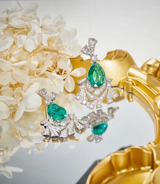 Emerald and Diamond Fan Motif Chandelier Earrings 2