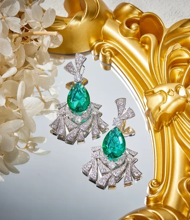 Emerald and Diamond Fan Motif Chandelier Earrings 3