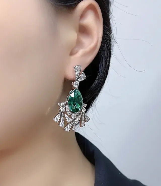 Emerald and Diamond Fan Motif Chandelier Earrings 4