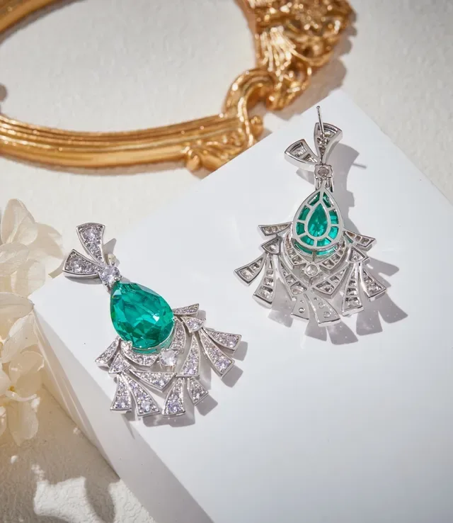 Emerald and Diamond Fan Motif Chandelier Earrings 5
