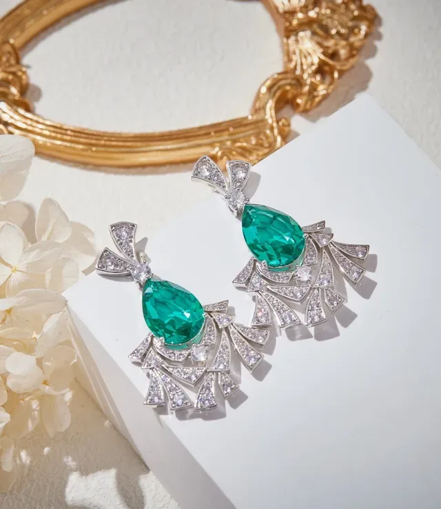 Emerald and Diamond Fan Motif Chandelier Earrings 6