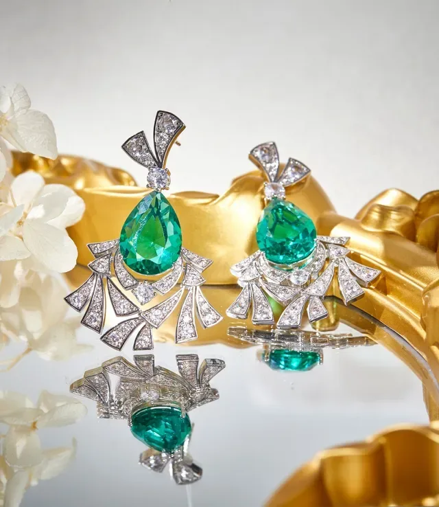 Emerald and Diamond Fan Motif Chandelier Earrings 7
