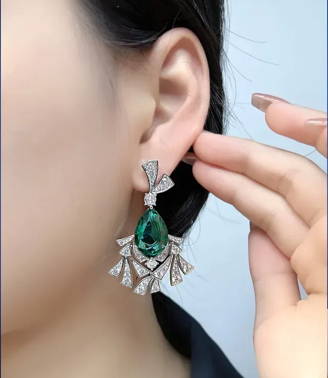 Emerald and Diamond Fan Motif Chandelier Earrings 8