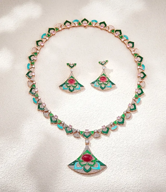 Enamel Floral Motif Pavé Diamond Fan Pendant Necklace 2
