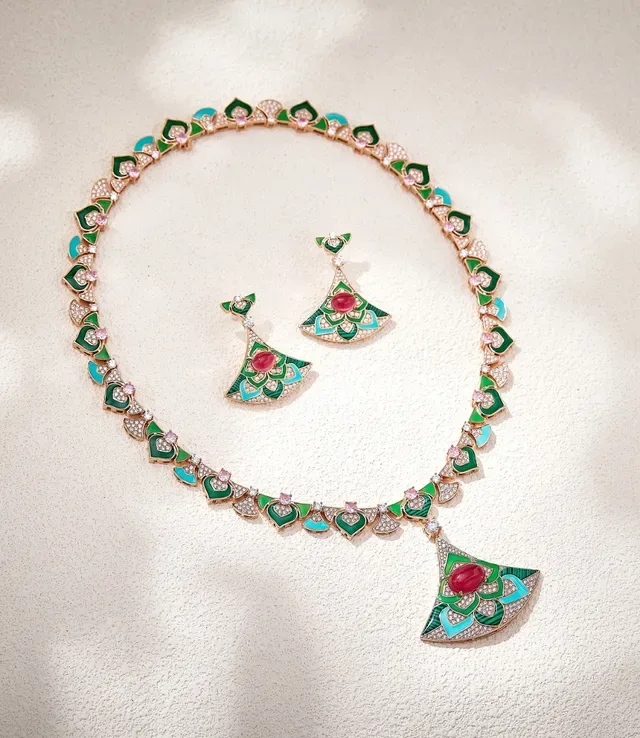 Enamel Floral Motif Pavé Diamond Fan Pendant Necklace 3