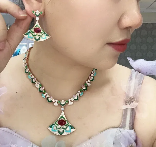 Enamel Floral Motif Pavé Diamond Fan Pendant Necklace 4