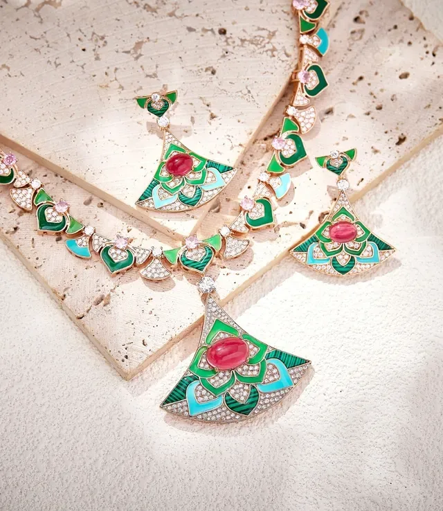 Enamel Floral Motif Pavé Diamond Fan Pendant Necklace 6