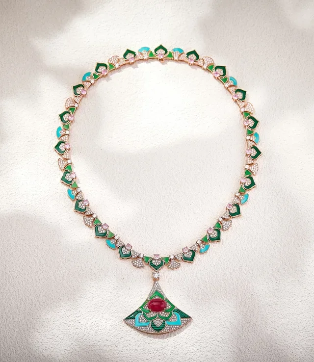 Enamel Floral Motif Pavé Diamond Fan Pendant Necklace 7