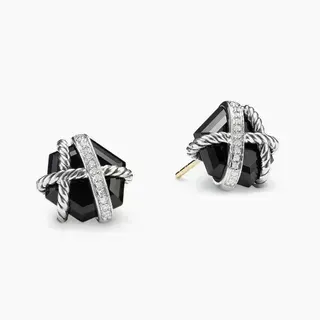 Faceted Black Stone and Twisted Rope Pavé Earrings