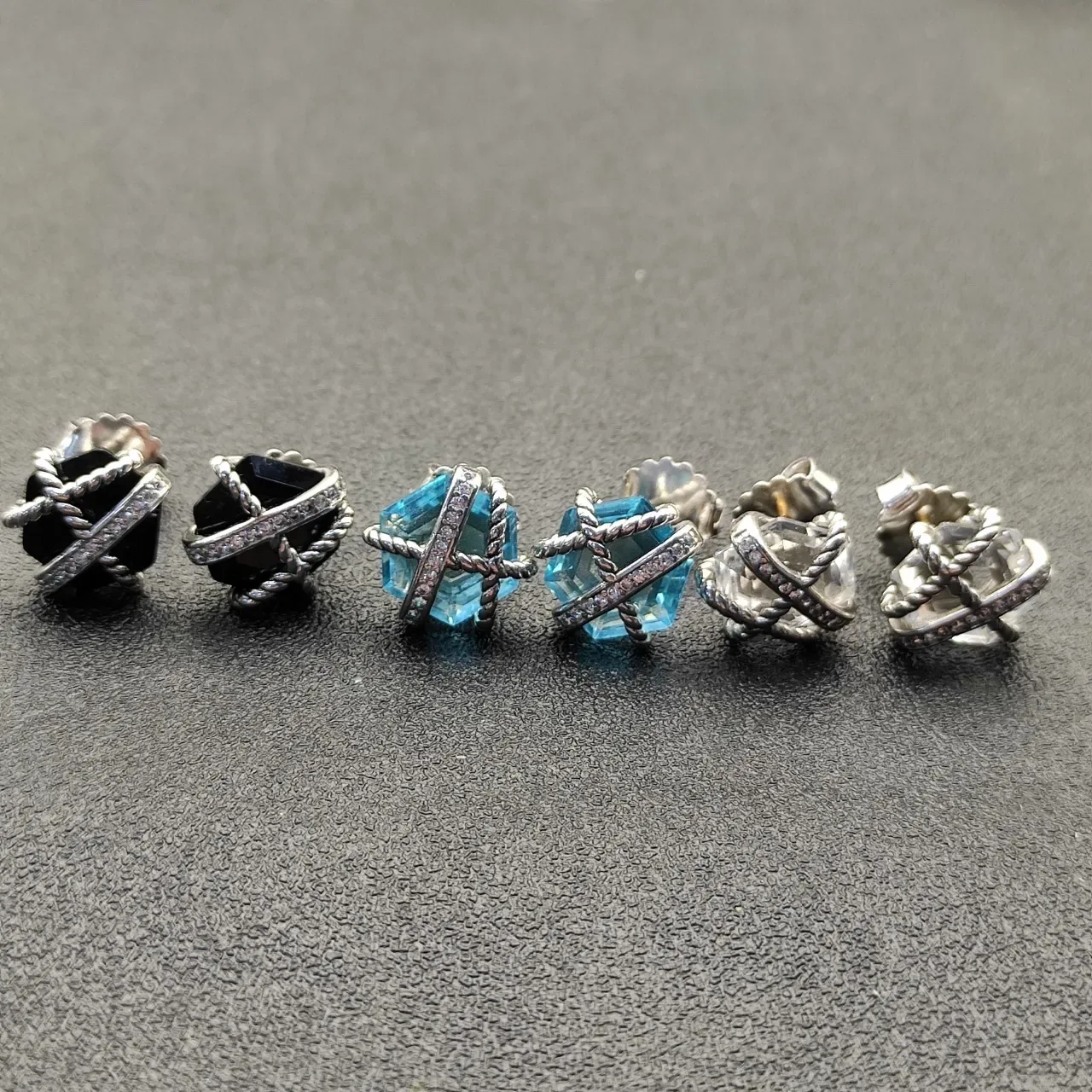 Faceted Black Stone and Twisted Rope Pavé Earrings 4