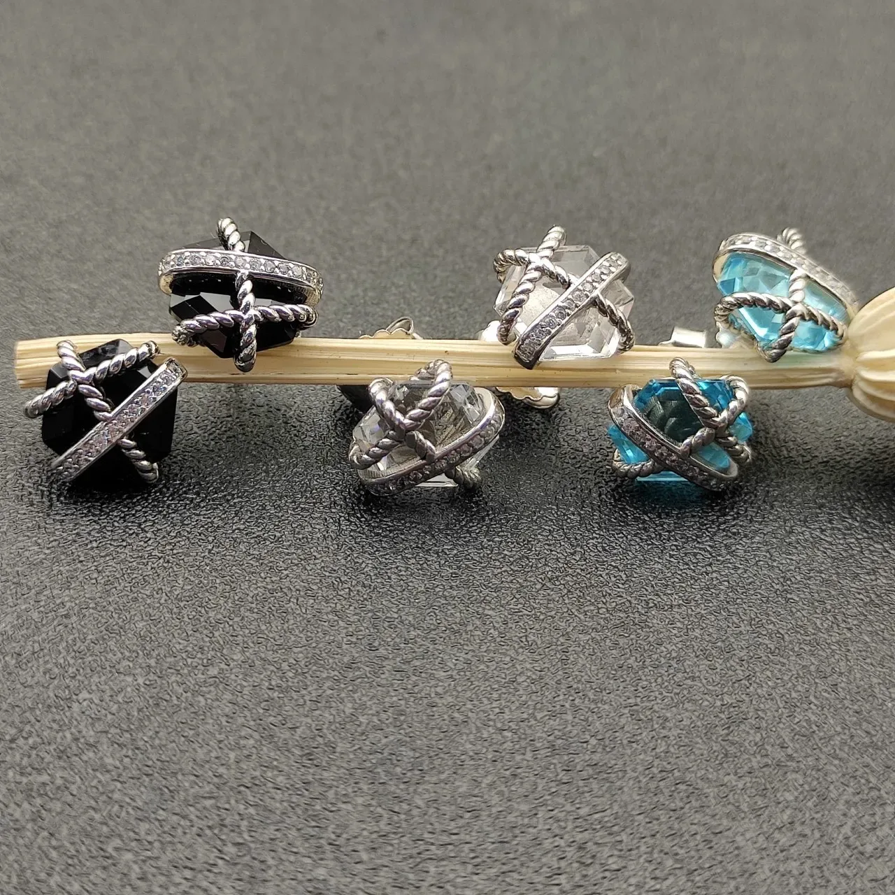 Faceted Black Stone and Twisted Rope Pavé Earrings 6