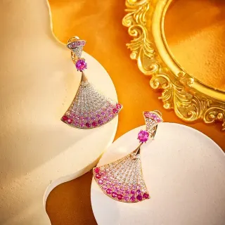 Fan-Shaped Gradient Pink and White Pavé Gemstone Earrings